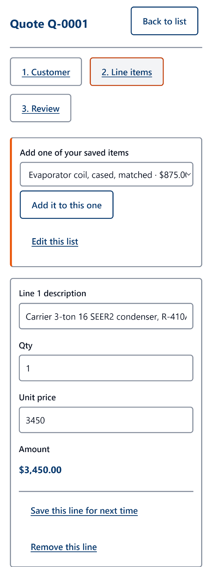 The line items screen on a phone, with a saved item being added to a quote